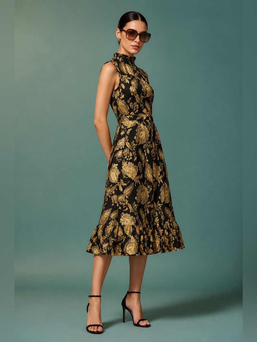 J. Crew Factory Black and Gold Floral Brocade High-Neck Midi Dress